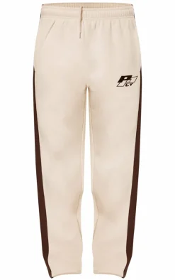 PrettyLittleThing Embroidered Contrast Panel Straight Leg Sweatpants Cream