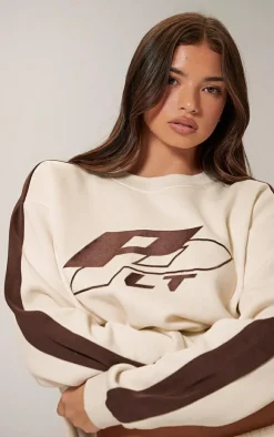 Hot PrettyLittleThing Embroidered Contrast Panel Oversized Sweatshirt Cream