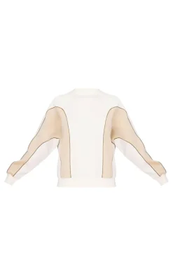 PRETTYLITTLETHING Cream Embroidered Contrast Binding Sweatshirt