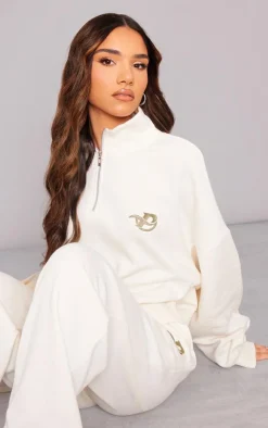 Discount PrettyLittleThing Logo Embroidered Half Zip Sweatshirt Cream