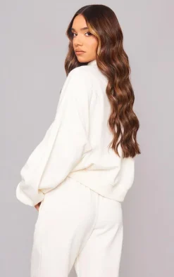Discount PrettyLittleThing Logo Embroidered Half Zip Sweatshirt Cream