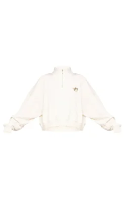 Discount PrettyLittleThing Logo Embroidered Half Zip Sweatshirt Cream