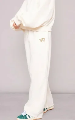 Best PrettyLittleThing Logo Embroidered Wide Leg Sweatpants Cream