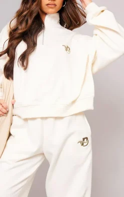 Best PrettyLittleThing Logo Embroidered Wide Leg Sweatpants Cream