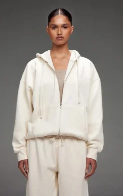 Clearance PrettyLittleThing Premium Embroidered Zip Front Oversized Hoodie Cream
