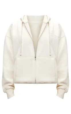 Clearance PrettyLittleThing Premium Embroidered Zip Front Oversized Hoodie Cream