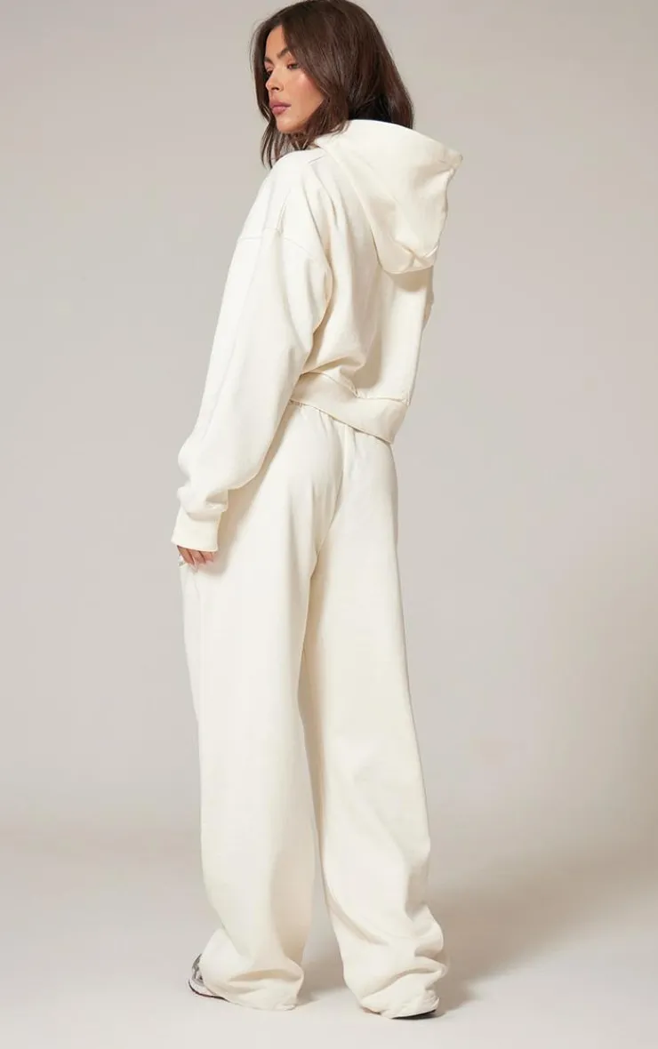 Hot PrettyLittleThing Premium Print Zip Front Hoodie Cream