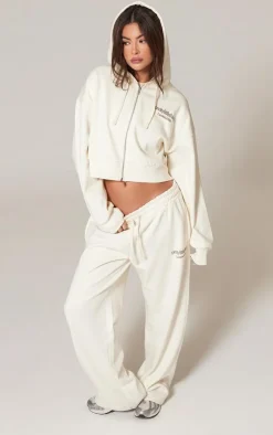 Hot PrettyLittleThing Premium Print Zip Front Hoodie Cream
