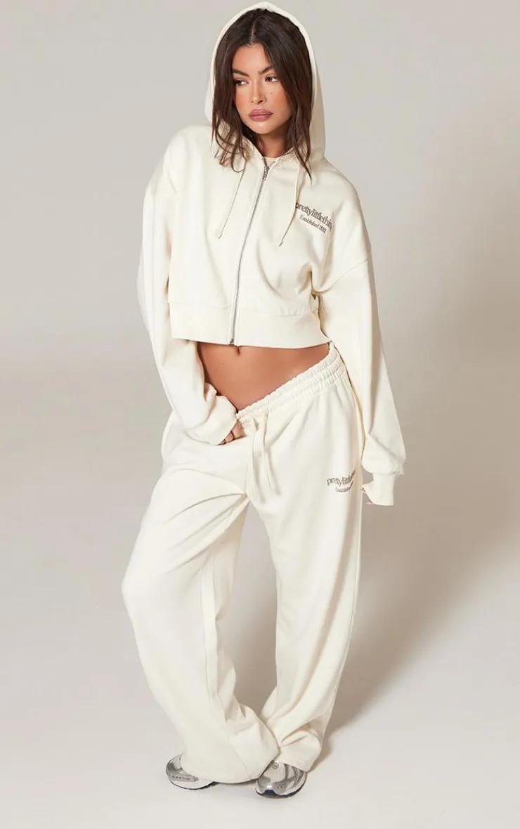 Hot PrettyLittleThing Premium Print Zip Front Hoodie Cream