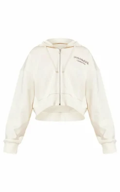 Hot PrettyLittleThing Premium Print Zip Front Hoodie Cream
