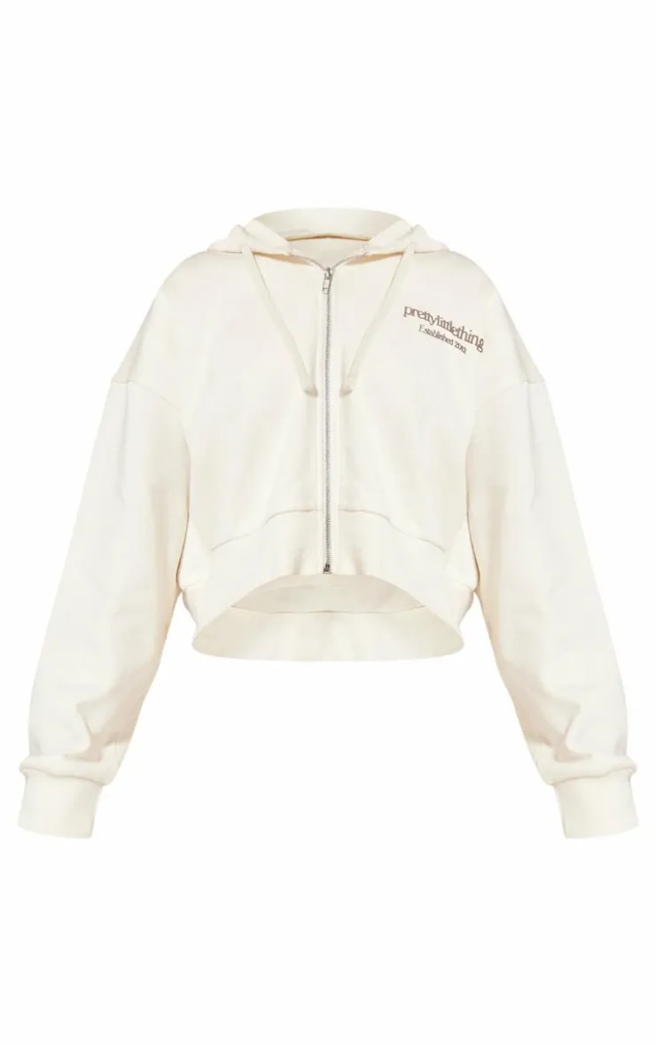 Hot PrettyLittleThing Premium Print Zip Front Hoodie Cream