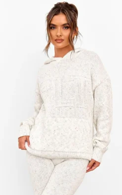 New PrettyLittleThing Space Dye Oversized Knitted Hoodie Cream