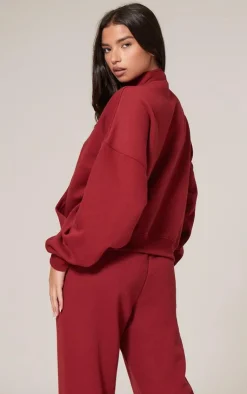 Clearance PrettyLittleThing Borg Applique Quarter Zip Sweatshirt Dark Red