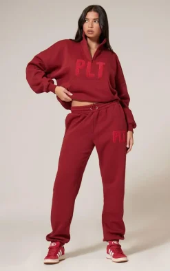 Clearance PrettyLittleThing Borg Applique Quarter Zip Sweatshirt Dark Red