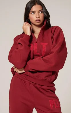 Clearance PrettyLittleThing Borg Applique Quarter Zip Sweatshirt Dark Red
