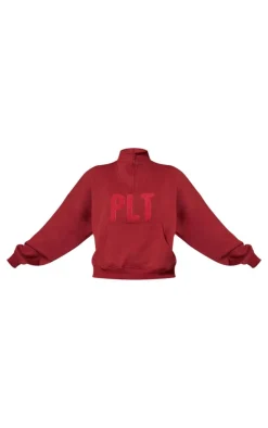 Clearance PrettyLittleThing Borg Applique Quarter Zip Sweatshirt Dark Red