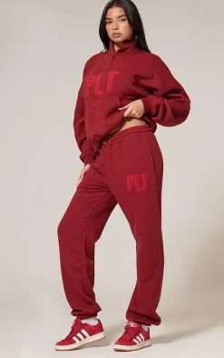 Clearance PrettyLittleThing Borg Applique Cuffed Sweatpants Dark Red