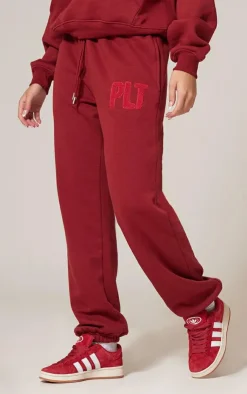 Clearance PrettyLittleThing Borg Applique Cuffed Sweatpants Dark Red