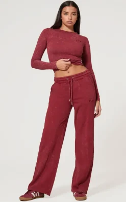 Sale PrettyLittleThing Washed Low Rise Oversized Wide Leg Sweatpants Dark Red