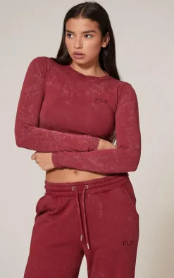 Discount PrettyLittleThing Washed Longline Long Sleeve Cotton Fitted T-shirt Dark Red