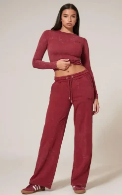Discount PrettyLittleThing Washed Longline Long Sleeve Cotton Fitted T-shirt Dark Red