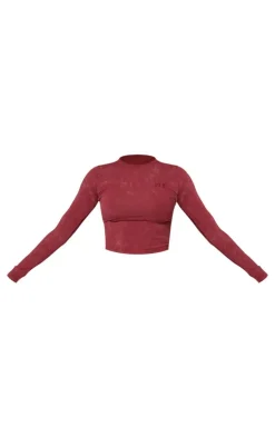 Discount PrettyLittleThing Washed Longline Long Sleeve Cotton Fitted T-shirt Dark Red