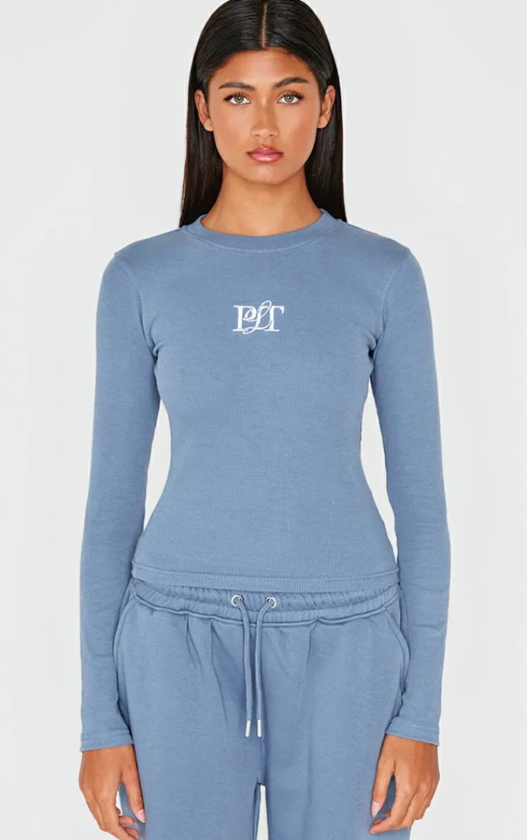 PrettyLittleThing T-Shirts*Ribbed Embroidered Long Sleeve T Shirt