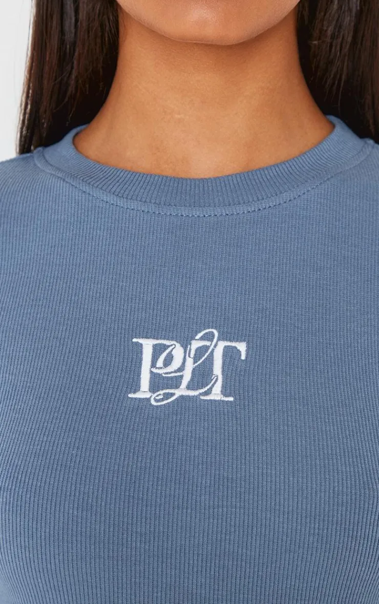 PrettyLittleThing T-Shirts*Ribbed Embroidered Long Sleeve T Shirt