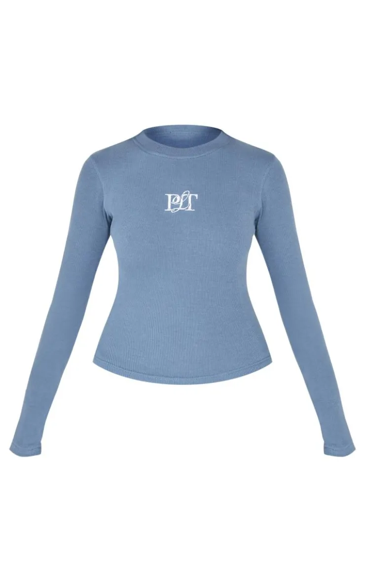 PrettyLittleThing T-Shirts*Ribbed Embroidered Long Sleeve T Shirt