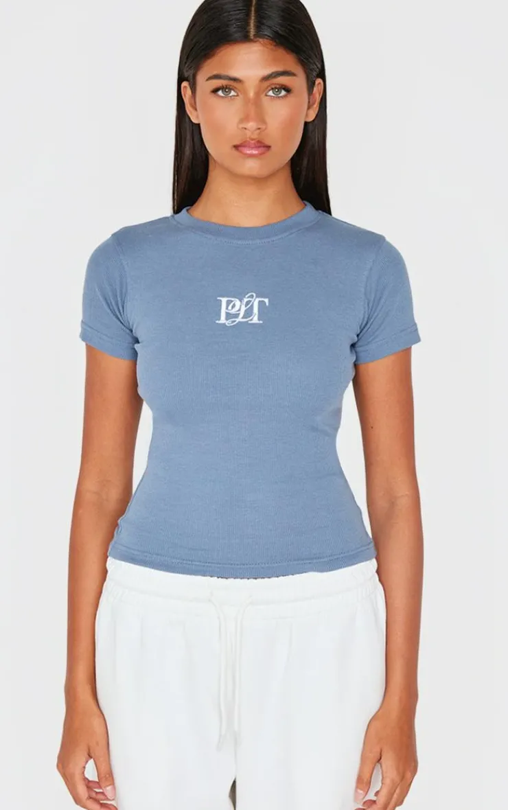 PrettyLittleThing T-Shirts*Ribbed Embroidered Short Sleeve T Shirt