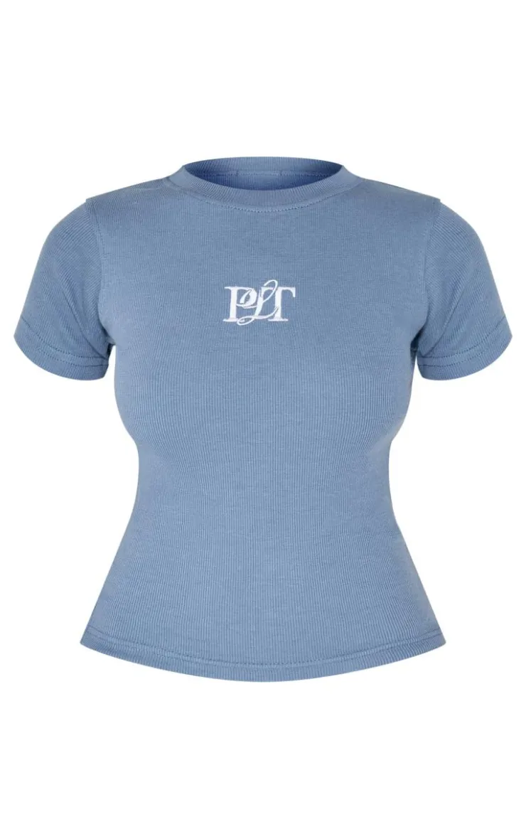 PrettyLittleThing T-Shirts*Ribbed Embroidered Short Sleeve T Shirt