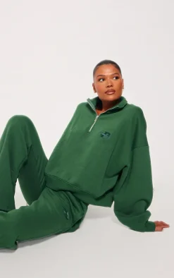 Outlet PrettyLittleThing Logo Embroidered Half Zip Sweatshirt Forest Green