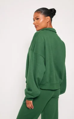 Outlet PrettyLittleThing Logo Embroidered Half Zip Sweatshirt Forest Green