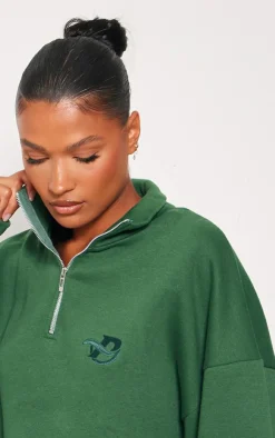Outlet PrettyLittleThing Logo Embroidered Half Zip Sweatshirt Forest Green
