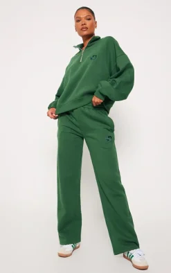 Hot PrettyLittleThing Logo Embroidered Wide Leg Sweatpants Forest Green