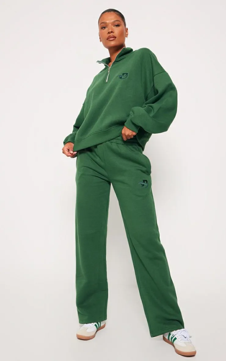 Hot PrettyLittleThing Logo Embroidered Wide Leg Sweatpants Forest Green