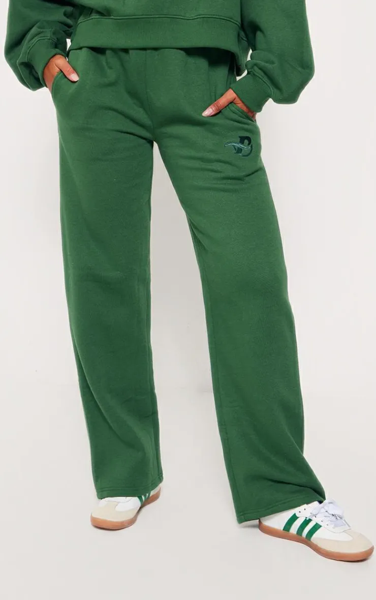 Hot PrettyLittleThing Logo Embroidered Wide Leg Sweatpants Forest Green