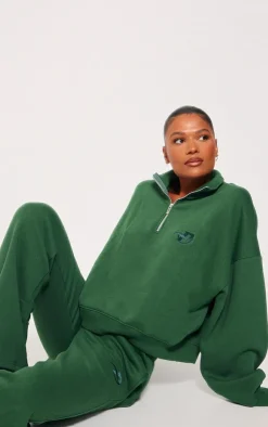 Hot PrettyLittleThing Logo Embroidered Wide Leg Sweatpants Forest Green