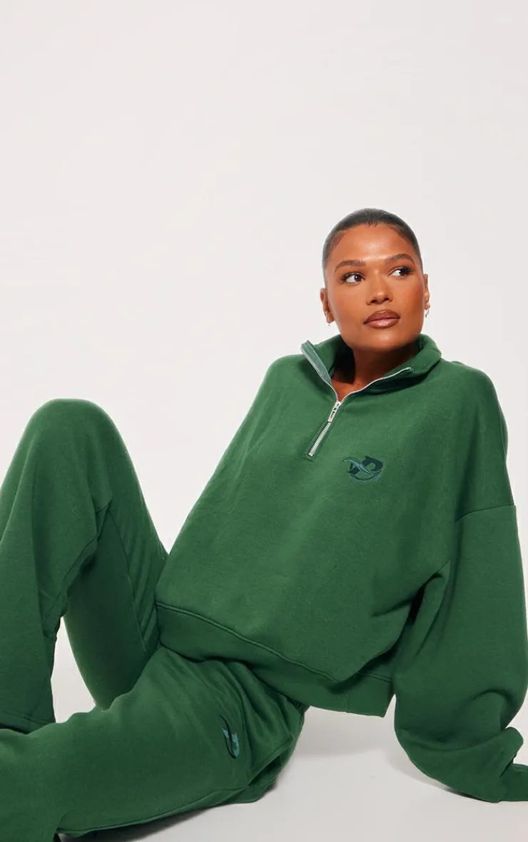 Hot PrettyLittleThing Logo Embroidered Wide Leg Sweatpants Forest Green