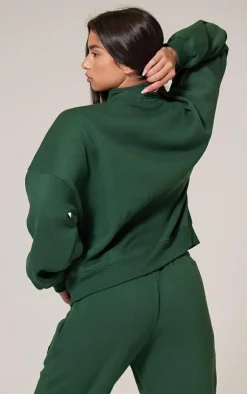 Sale PrettyLittleThing Borg Applique Quarter Zip Sweatshirt Forest Green