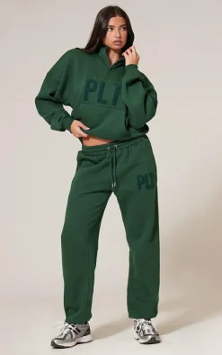 Sale PrettyLittleThing Borg Applique Quarter Zip Sweatshirt Forest Green