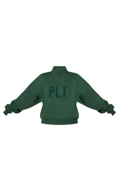 Sale PrettyLittleThing Borg Applique Quarter Zip Sweatshirt Forest Green