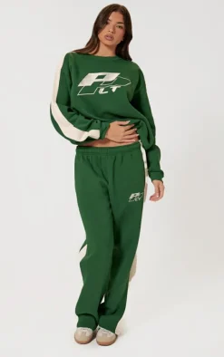 PrettyLittleThing Embroidered Contrast Straight Leg Sweatpants Forest Green