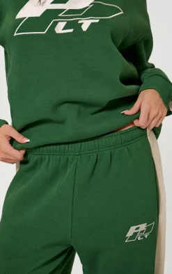PrettyLittleThing Embroidered Contrast Straight Leg Sweatpants Forest Green
