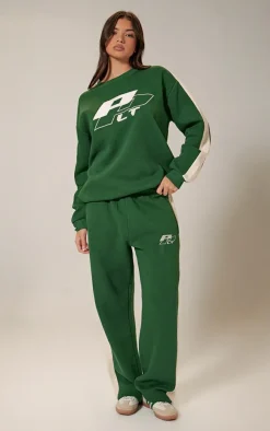 New PrettyLittleThing Embroidered Contrast Oversized Sweatshirt Forest Green