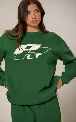 New PrettyLittleThing Embroidered Contrast Oversized Sweatshirt Forest Green