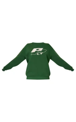 New PrettyLittleThing Embroidered Contrast Oversized Sweatshirt Forest Green