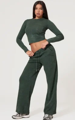 New PrettyLittleThing Washed Low Rise Oversized Wide Leg Sweatpants Forest Green
