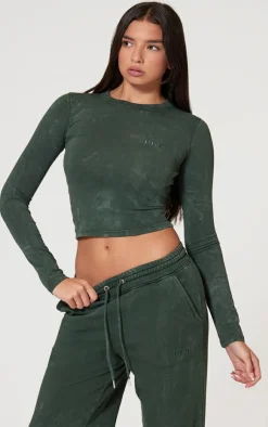 Discount PrettyLittleThing Washed Longline Cotton Long Sleeve Fitted T-shirt Forest Green