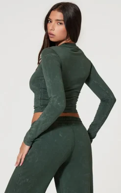 Discount PrettyLittleThing Washed Longline Cotton Long Sleeve Fitted T-shirt Forest Green